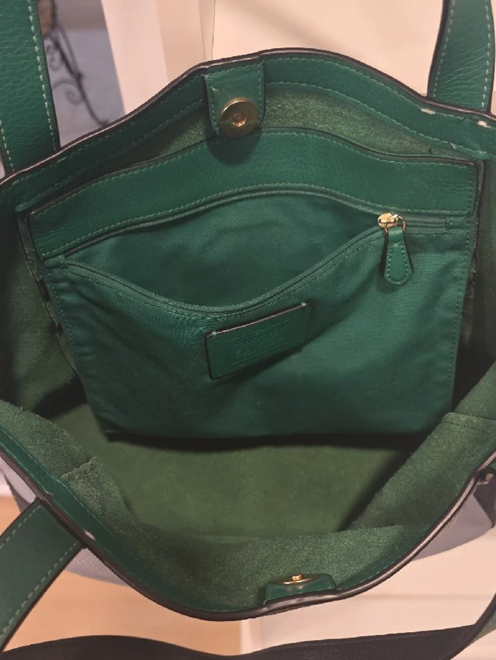 Coach Blue-Gray Leather Tote with Green Trim With Duster